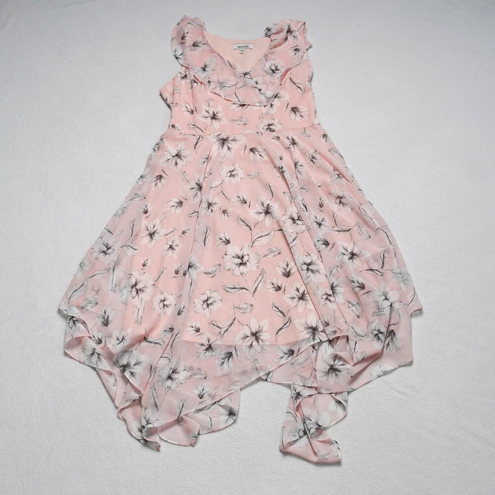 Kensie Pink Floral Handkerchief Hem Midi Dress - Size 12